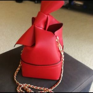 Red Zara Knot Handle Leather Bucket Bag with Chain